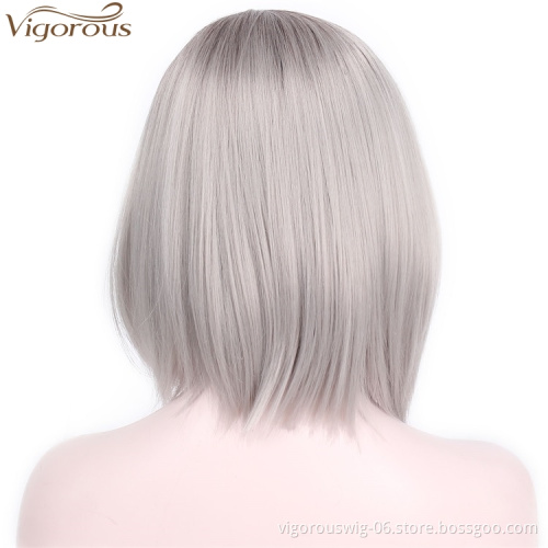 Vigorous High Quality Cosplay Synthetic Gray Wigs Short Straight Bob Wigs for Women Heat Resistant Fiber Fashion Styles